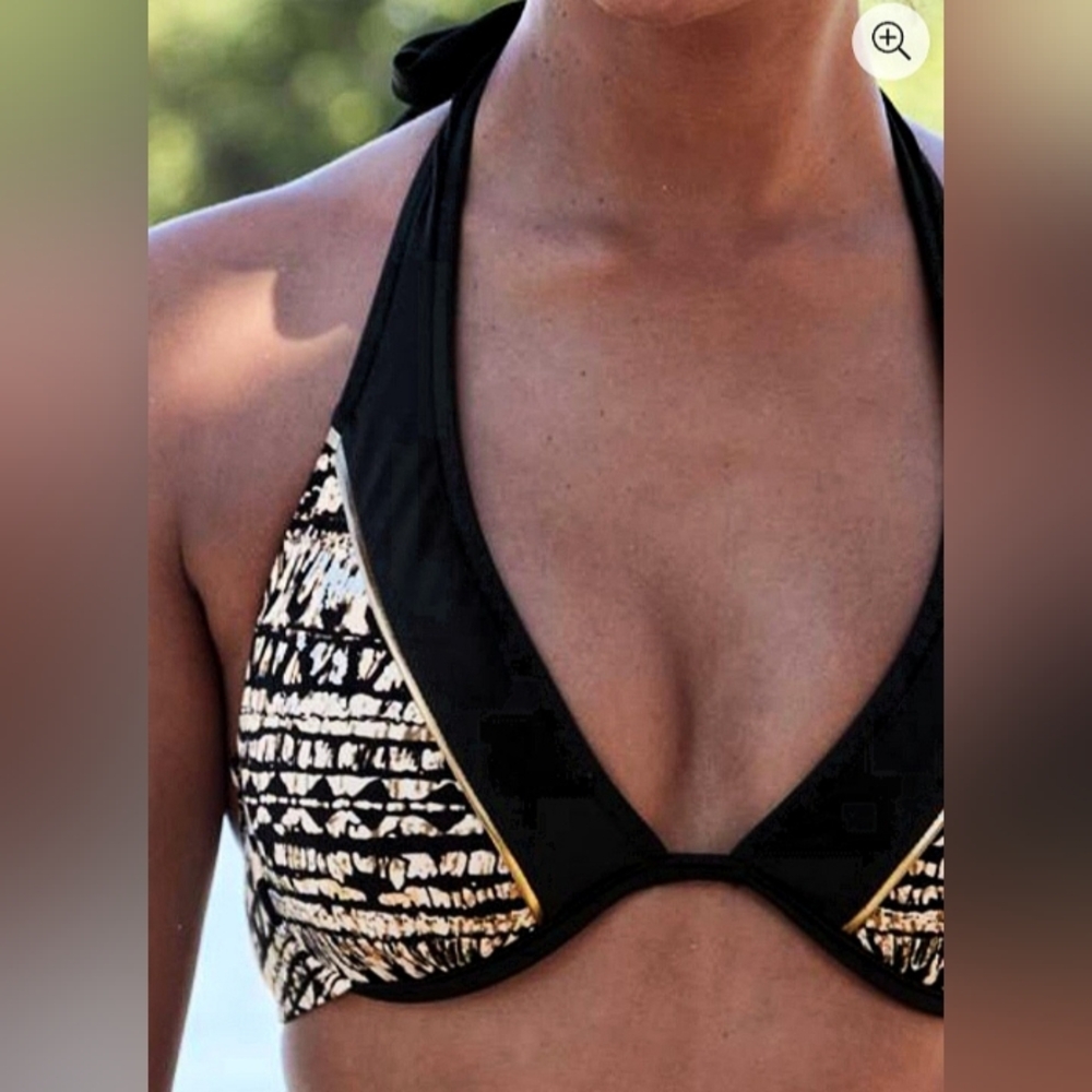 Venus Aztec Print Black and Gold Halter Bikini Top, Size 32C/34B/36A